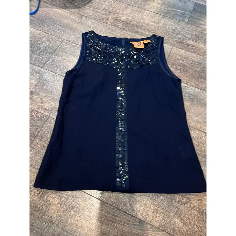 Tory Burch Navy Blue Silk Sleeveless Blouse Sequin Crystal Embellished Top